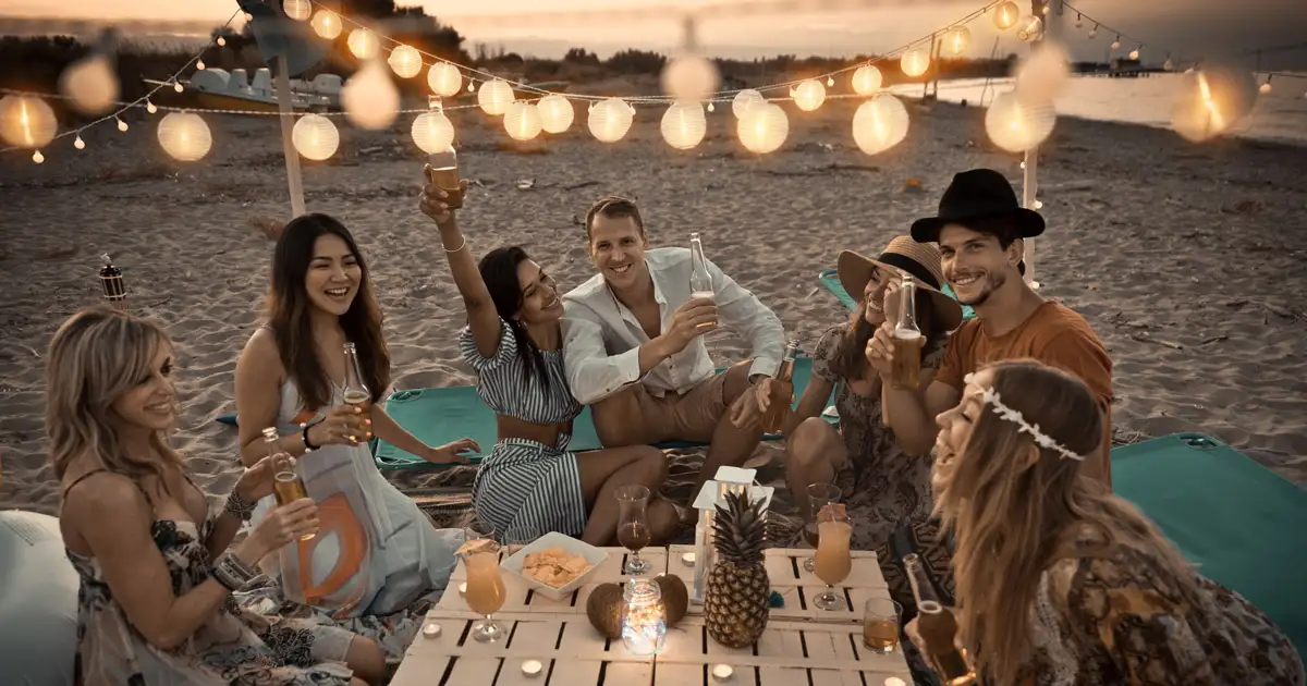 Friends enjoying outdoor gathering under string lights creating festive lighting atmosphere