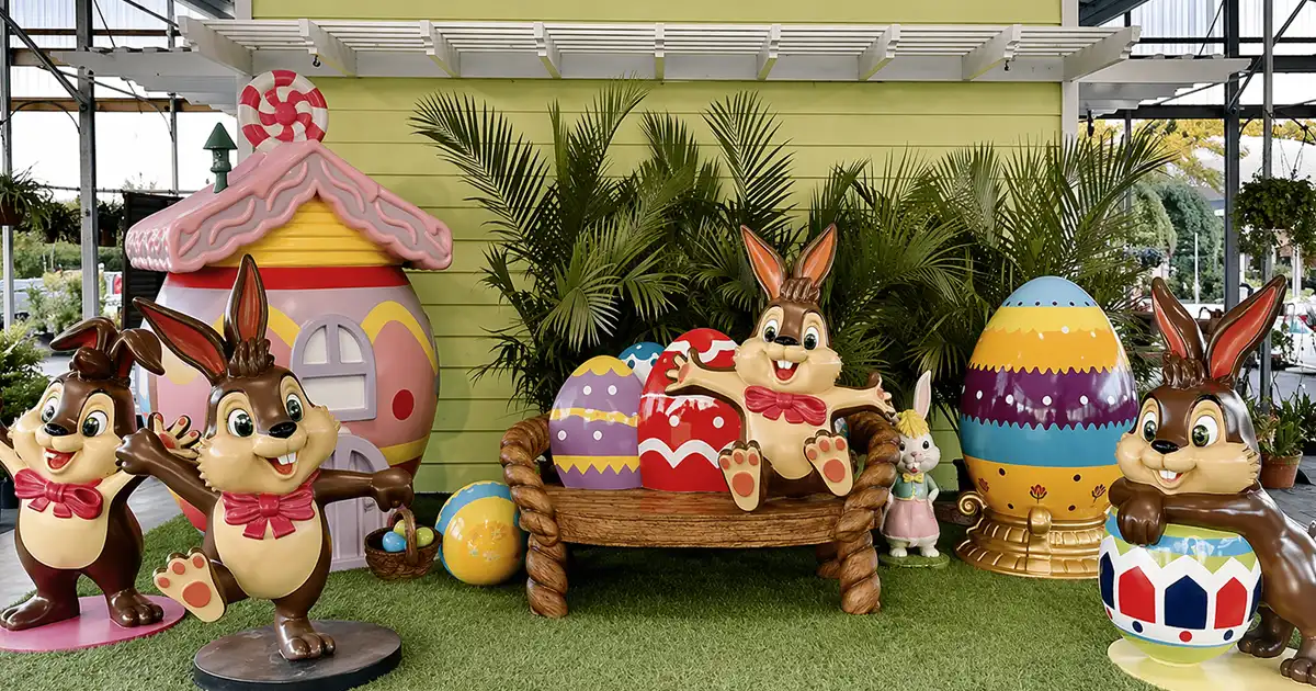 Easter-themed display with bunnies, colorful eggs, and spring decorations