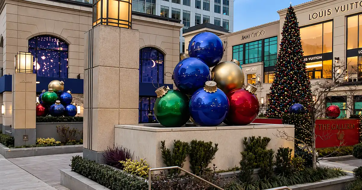 Outdoor shopping center decorated with large ornament displays and Christmas tree lighting
