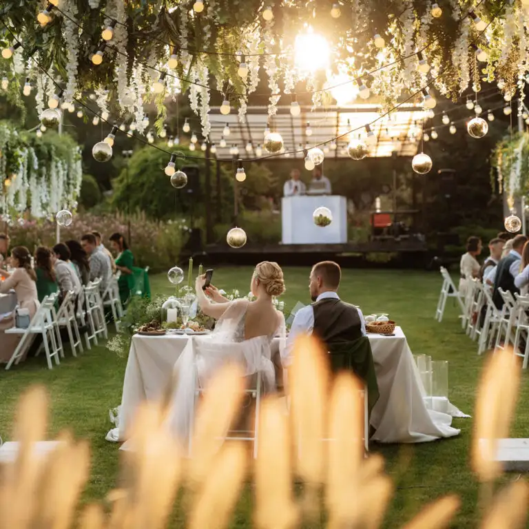 Friends enjoying outdoor dinner under string lights creating warm and festive event lighting atmosphere
