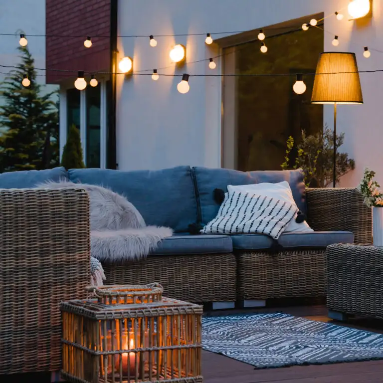 Cozy outdoor patio with string lights and warm ambient lighting creating a relaxing evening atmosphere